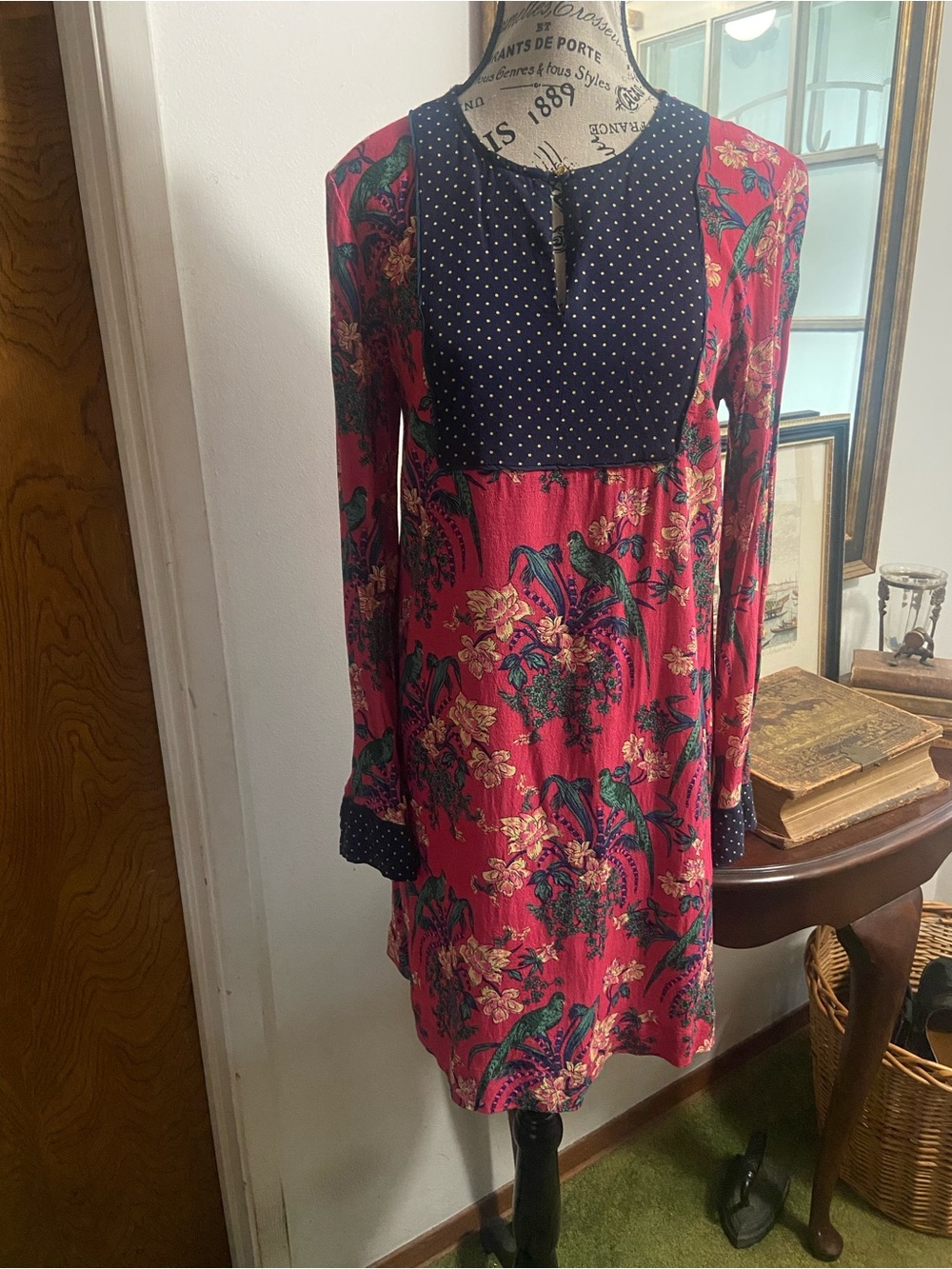 Maeve Pink Floral Mini Dress with Navy Polka-Dot Yoke